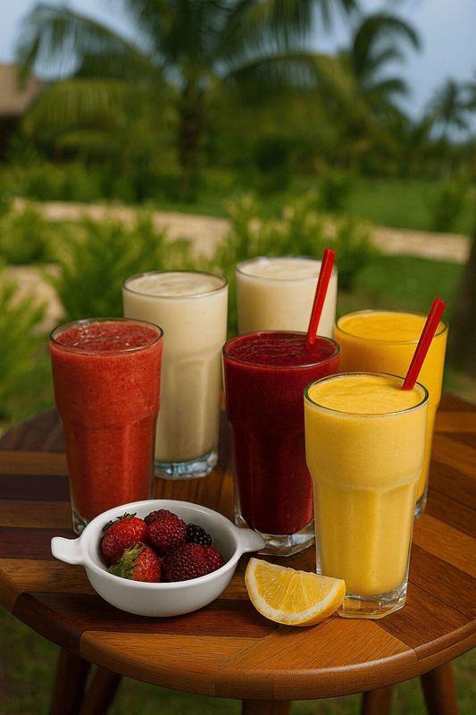 Jugos naturales de fresa, mora y mango con frutas frescas