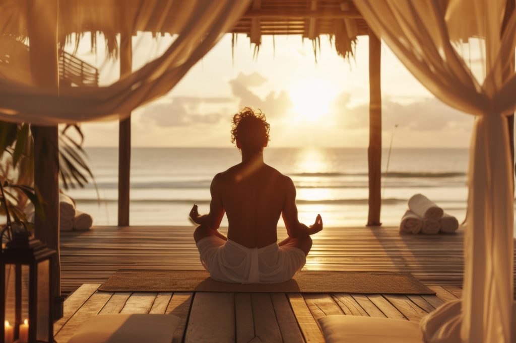 Momento de meditación frente al mar al atardecer